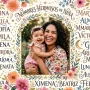 Beautiful collage of Hispanic baby girl names, smiling Latina mother holding baby girl, floral patterns, moon and stars