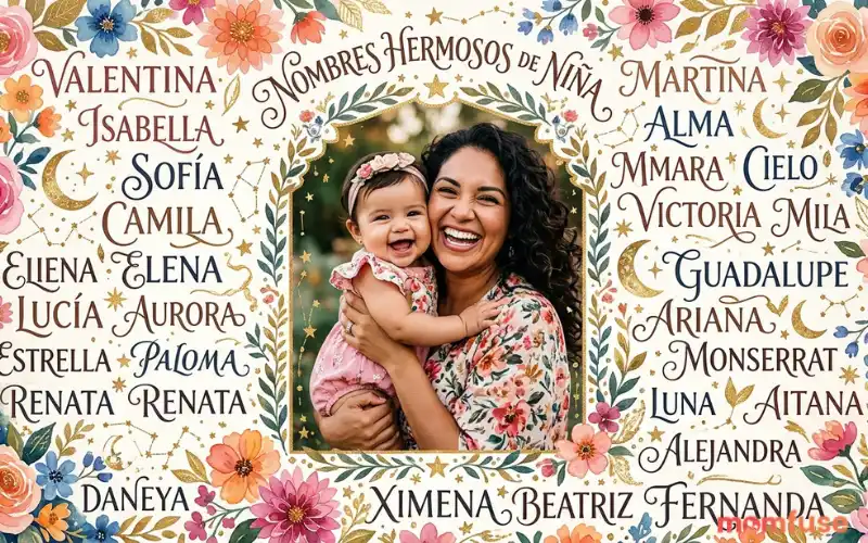 Beautiful collage of Hispanic baby girl names, smiling Latina mother holding baby girl, floral patterns, moon and stars