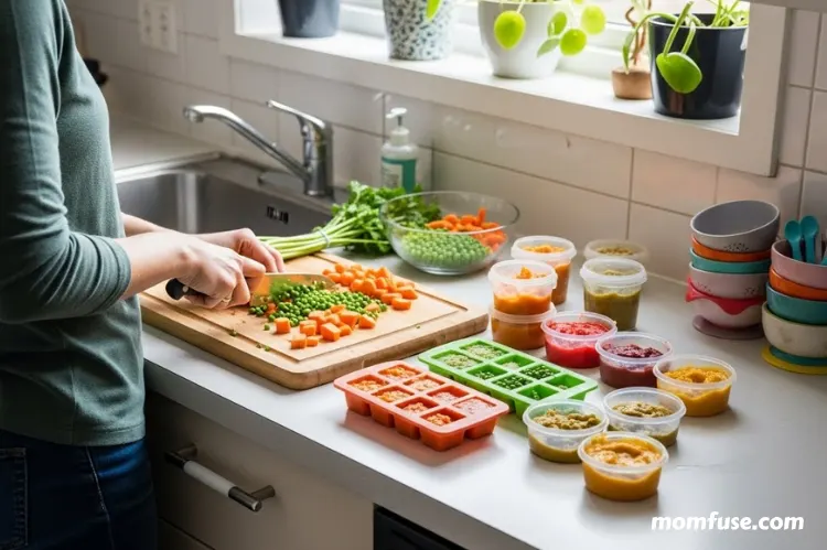 Home kitchen scene with a parent preparing baby food, chopping fresh produce.