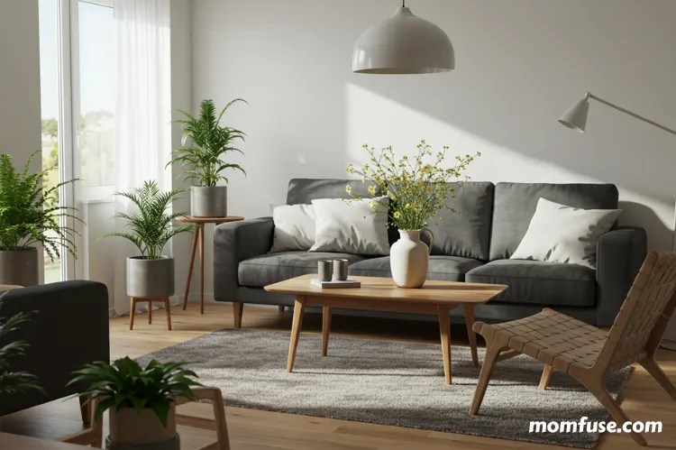 A living space with natural lighting, cozy furniture, indoor plants, and a minimalistic design.