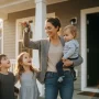 busy mom holding house keys with kids, happy family, new home background.