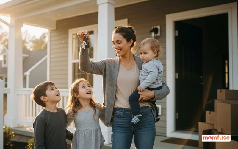 busy mom holding house keys with kids, happy family, new home background.