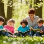 A vibrant homeschool scene in nature children reading books.