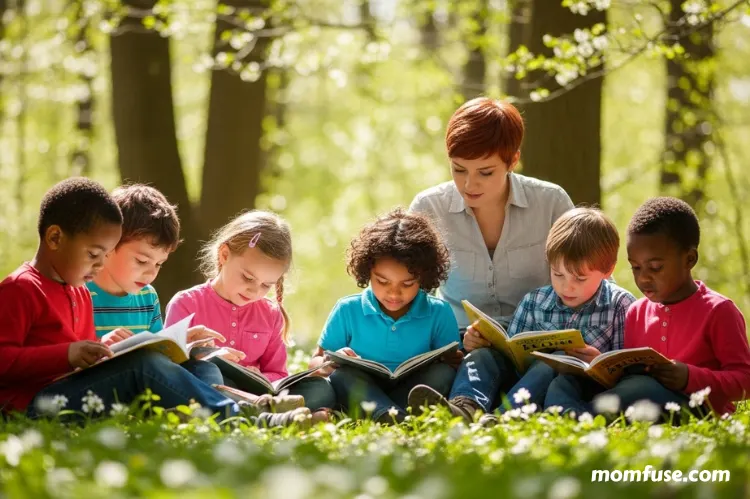 A vibrant homeschool scene in nature children reading books.