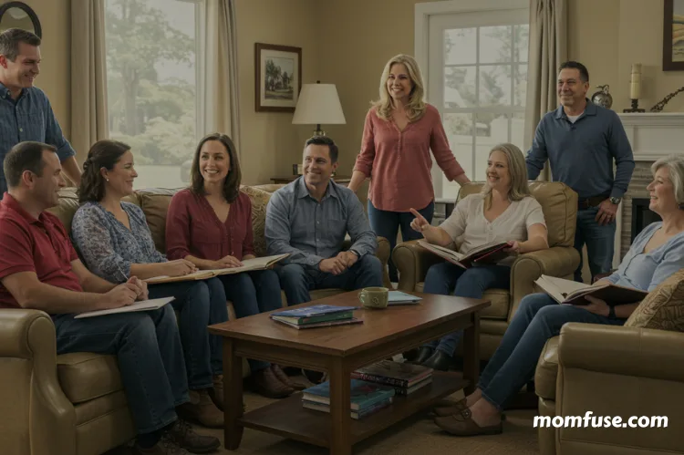 A group of smiling parents gathered in a comfortable living room sharing homeschooling tips.