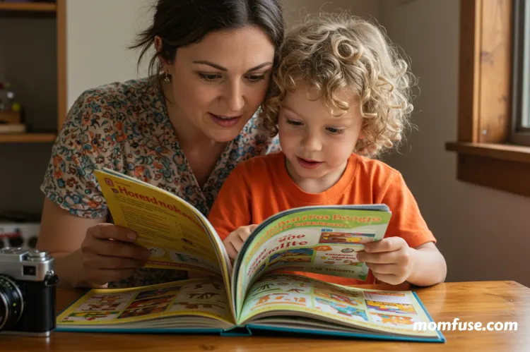A mother and child reviewing a colorful homeschooling curriculum book together.