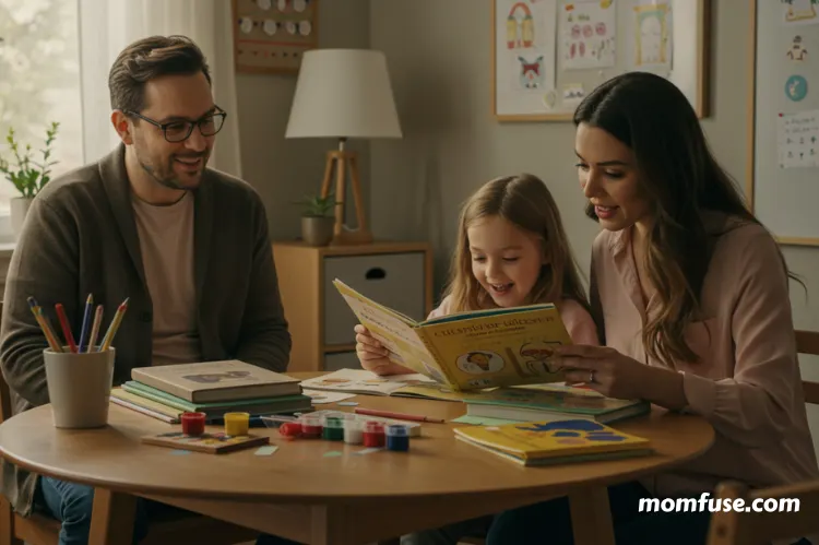 A warm, inviting homeschooling scene: a parent and child sitting at a cozy table with books.