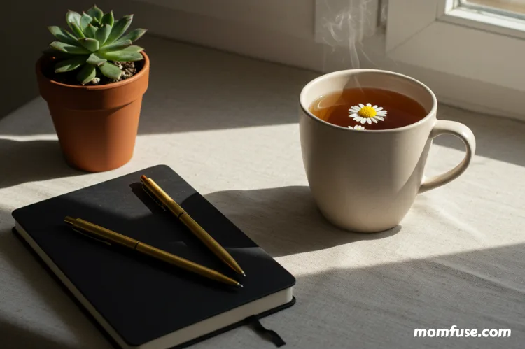 A cozy, modern flat lay featuring a cup of herbal tea, a notebook with a pen, soft lighting, a potted plant.