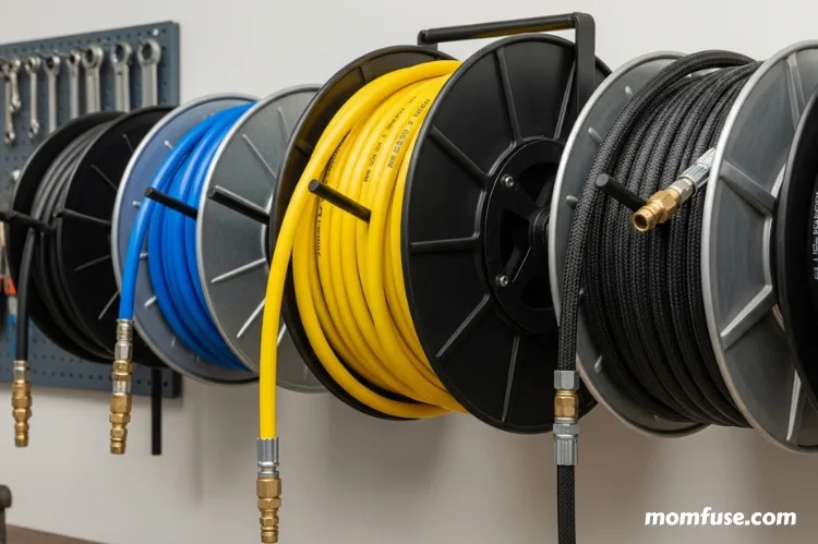 Visual showing multiple air hoses of different lengths and diameters neatly rolled on reels.