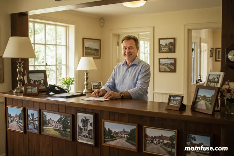 Smiling parent working at a cozy front desk of a local inn.