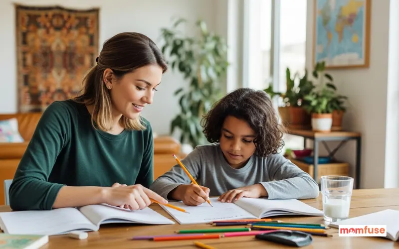 Young au pair helping child with homework at dining table, multicultural family home.