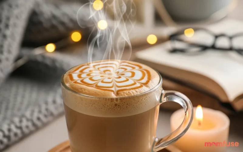 “hot caramel macchiato with foam and caramel drizzle, warm cozy background”