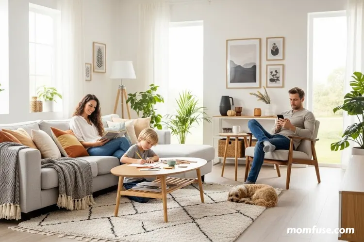 A bright, modern home interior with a relaxed family enjoying a clean living space.