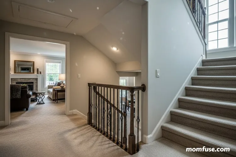 A multi-story home interior with carpeted hallways and stairs, showing reduced noise and a quiet.