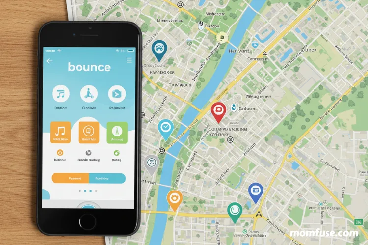 A Bounce app interface on a phone screen next to a map with nearby pinpoints.
