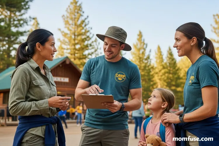 Parent talking with camp staff while child listens, decision-making moment.
