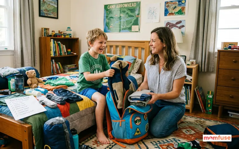 child packing backpack for summer camp with parent helping, excited mood, bedroom setting.