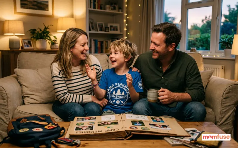 happy child sharing camp stories with parents at home, smiling family interaction.