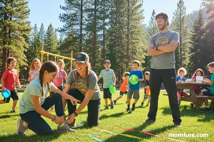 Camp counselors supervising children during outdoor activities, attentive and caring.