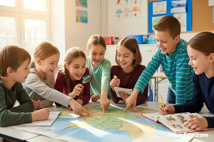 Children working together on a group task, teamwork and friendship.