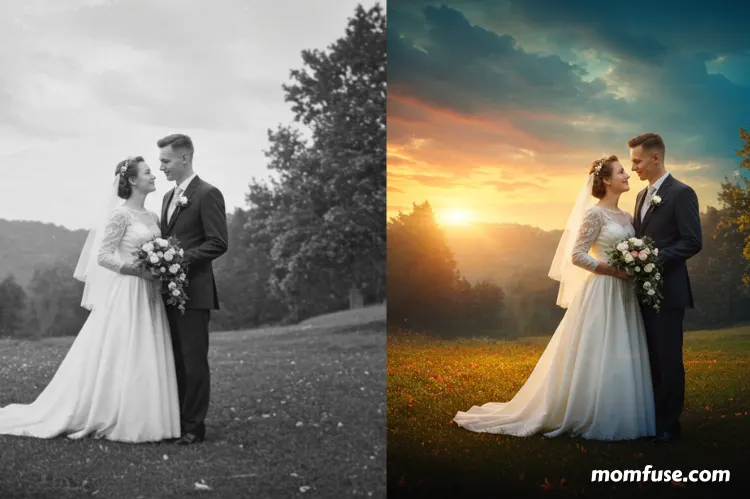 AI technology concept showing an old black and white wedding photo transforming.