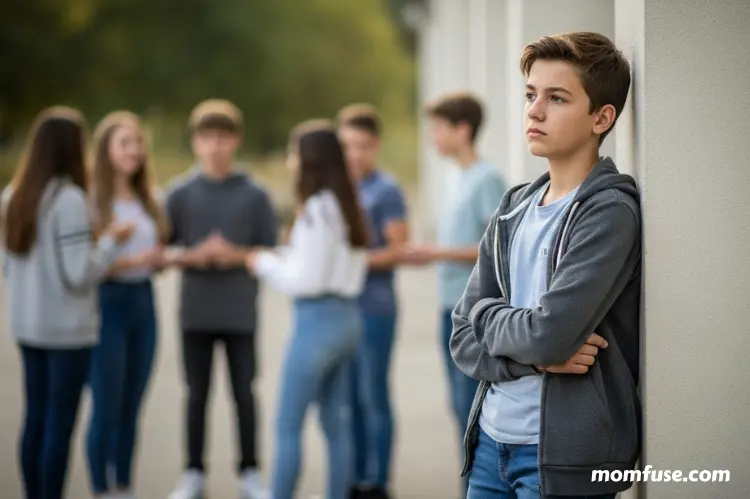 A thoughtful teen standing slightly apart from a group of peers in the background.
