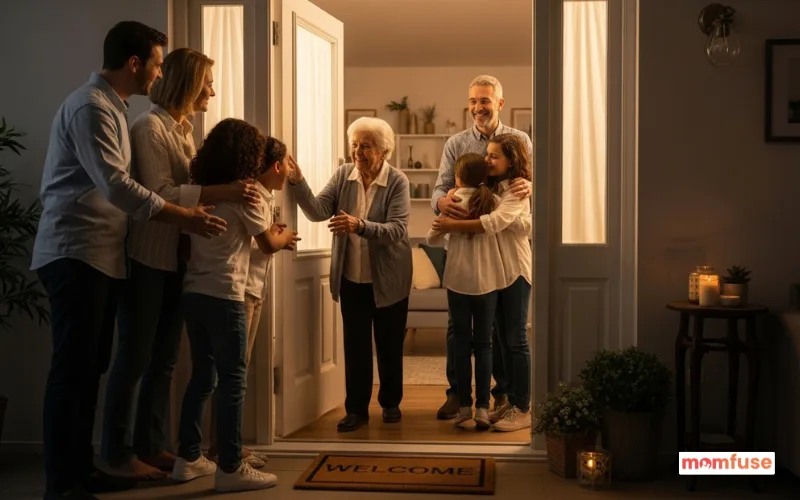 Happy elderly person opening door to smiling family, warm hugs, cozy home, soft golden lighting, emotional moment.