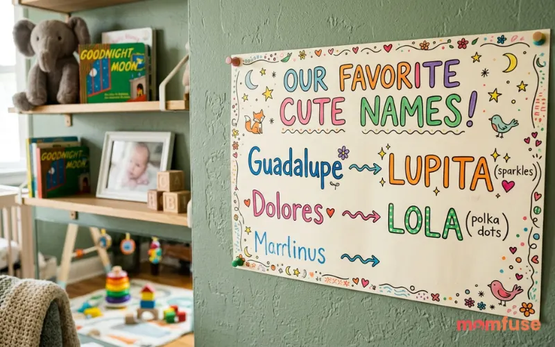 Cute illustrated baby name chart showing Guadalupe to Lupita, Dolores to Lola, playful pastel theme