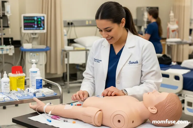 female nursing student in scrubs practicing skills in a lab.