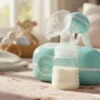 A soft, nurturing flatlay: electric breast pump, baby bottle filled with milk.