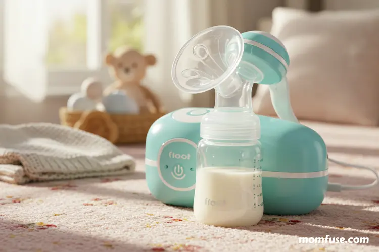 A soft, nurturing flatlay: electric breast pump, baby bottle filled with milk.