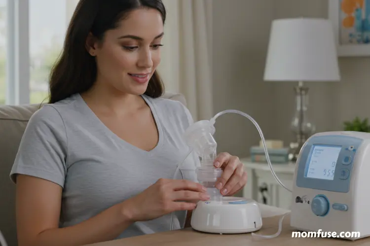 a mother with a focused look, pumping with a hospital-grade electric pump.