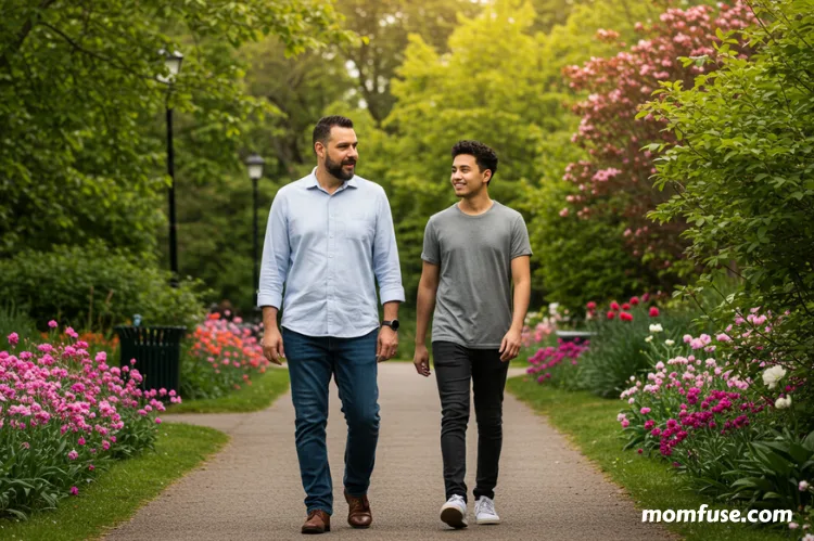 A mentor and mentee walking in a peaceful park in walk.