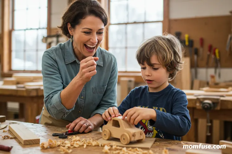 A mentor cheering on a young boy at a workshop.