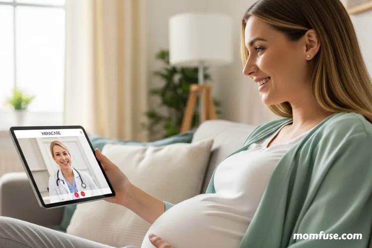 Pregnant woman using Miracare app on tablet, online consultation with gynecologist.