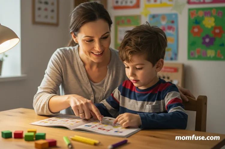 a parent sitting beside their child at a study table, smiling and encouraging while pointing to a math book.