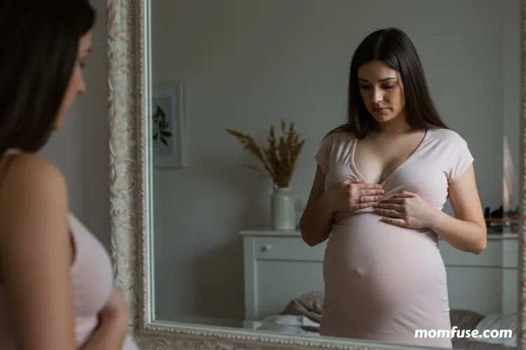 A pregnant woman looking at her breasts in the mirror with a thoughtful expression.