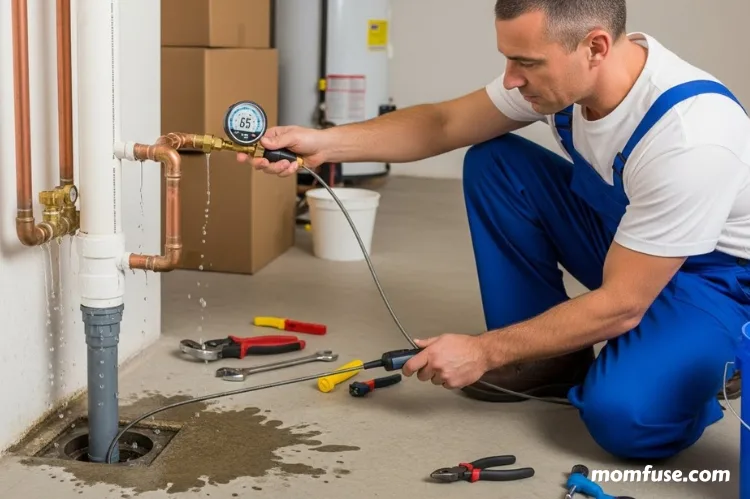 A plumber checking water pressure and cleaning drains, visual focus on preventing leaks and moisture damage.