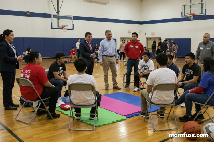 A community mentoring event in a school gym.