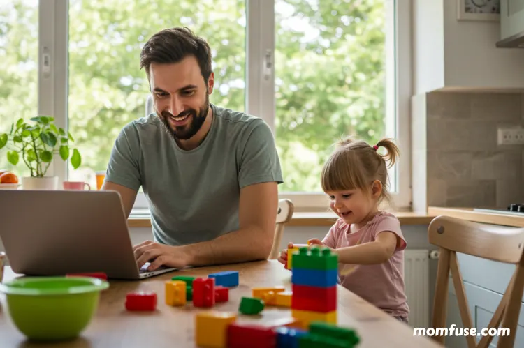 A smiling stay-at-home parent working on a laptop at a kitchen table while watching their child play.