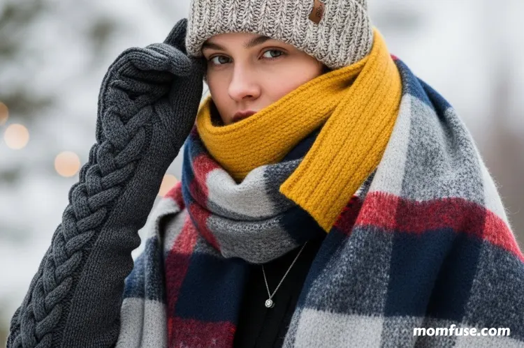 A close-up fashion portrait showing layered winter accessories.