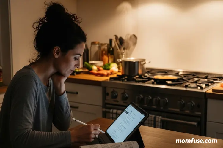 A mother studying from her tablet in the kitchen while dinner cooks on the stove.