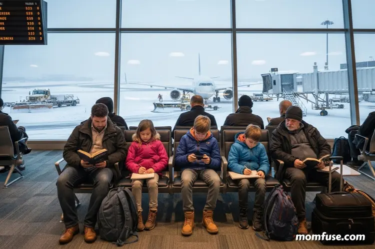 Airport winter delay scene: snowy runway outside large windows, family calmly waiting with carry-on bags.