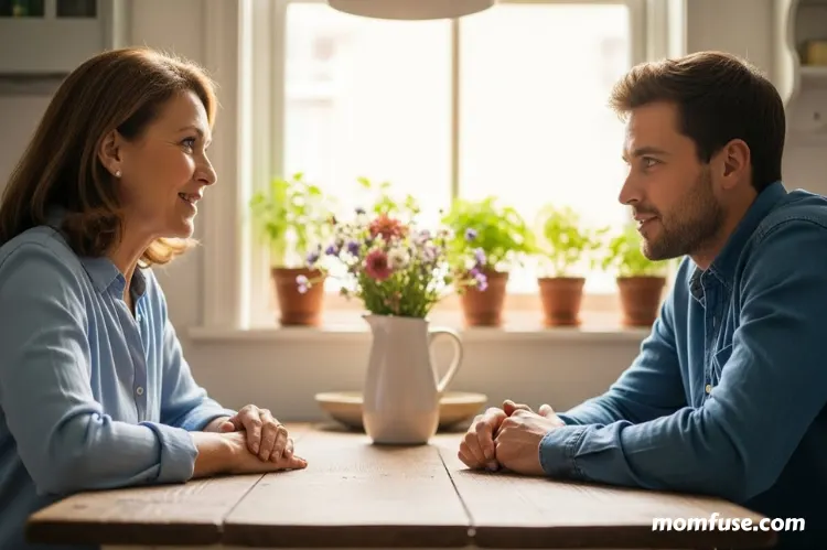 two family members talking calmly at a kitchen table.