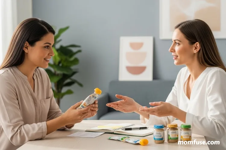 A calm consultation scene with a caregiver reviewing baby food labels while speaking.