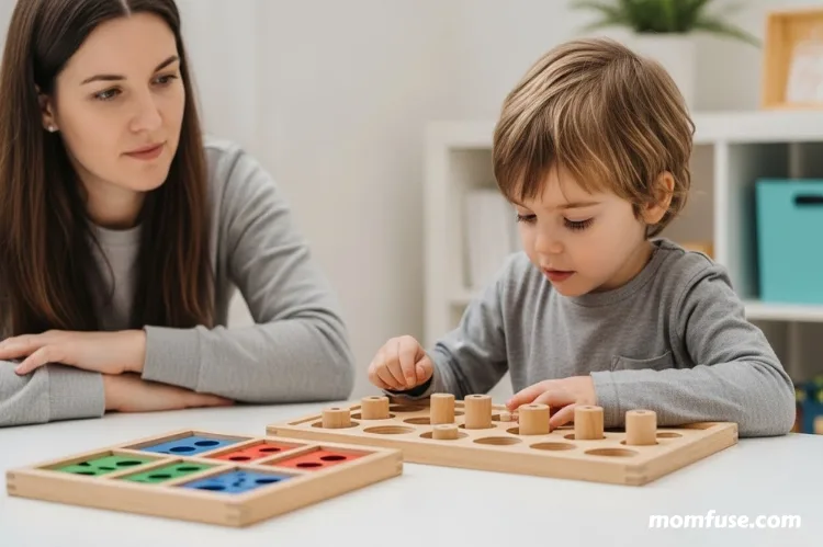 Child carefully concentrating on wooden sorting activity,parent observing nearby.