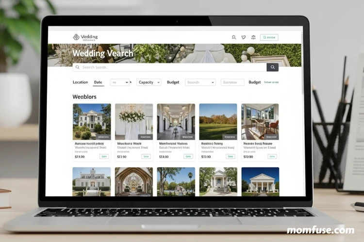 A digital interface showing a wedding venue search website on a laptop.