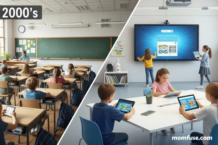 Split screen: one side a 2000s classroom other side a futuristic kids using tablet. -modern learning paths