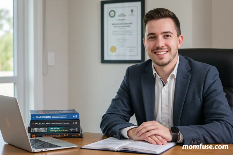A confident young professional sitting at a desk with psychology textbooks and a laptop smiling