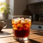 cold brew coffee in a glass with ice cubes, wooden table, morning sunlight, cozy home kitchen background.